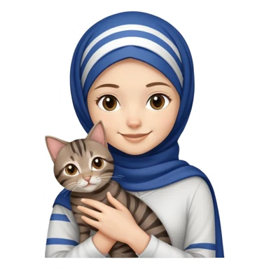 White girl wearing dark blue hijab with white shirt smiling while holding a black grey brown stripes tabby cat sticker