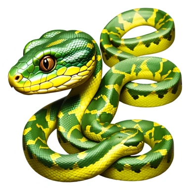 cinematic-green tree python-realistic-full-body-coiled-emoji,-thick-scaled-body-looped-tightly,-intricate-brown-and-gold-patterned-scales-reflecting-light,-head-tilted-dramatically,-slitted-eyes-staring-calmly,-simplified-yet-realistic-focused-feature sticker
