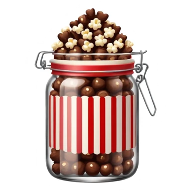 Chocolate popcorn in a jar with red and white vertical lines sticker
