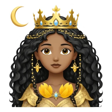 a black beautiful angel with gold pattern on her face and and long wavy black hair, she wears a ethereal crown with sparkling strings and a beautiful sparkling golden gown with moon crest in the middle of the gown, her face calm, gentle and kind, magical aura around her sticker