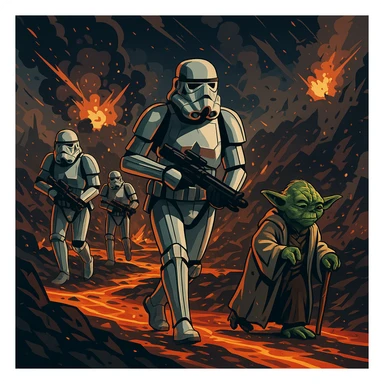 vector art of a Starwars stormtroopers is walking on lava planet with yoda, battleground background 
 sticker
