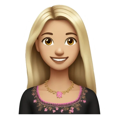 Slavic girl, light skin, brown eyes, black-to-blonde ombre straight tail, smiling with teeth, wearing beautiful dark blouse with a folk pattern of small pink flowers and gold necklace. sticker