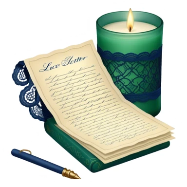 A nostalgic still life of a lace-adorned love letter in deep green, placed beside a vintage glass candle in navy blue. sticker
