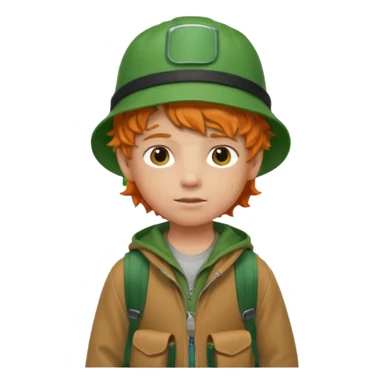 A little boy student curly orange hair, with green bucket hat, brown jacket, backpack sticker
