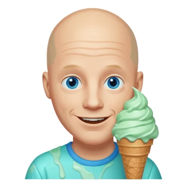Smiling Bald man with blue eyes with mint ice cream cone all over his face sticker