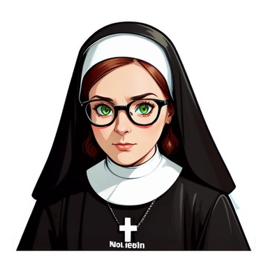 A beautiful nun with Auburn hair, green eyes wearing  glasses . Captions saying no. sticker