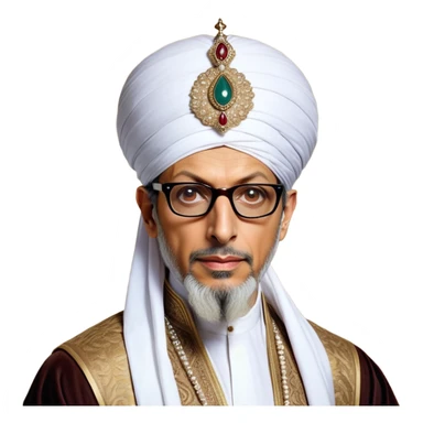 Jeff Goldblum no glasses as a regal portrait dressed as suleiman-the-magnificent,-depicted-as-a-regal-ottoman-sultan-adorned-with-a-large,-white,-round,-tall-turban-and-a-majestic-grey-beard,-his-commanding-gaze-bathed-in-warm,-historic-lighting-that-exudes-time with a large beard **no glasses* sticker