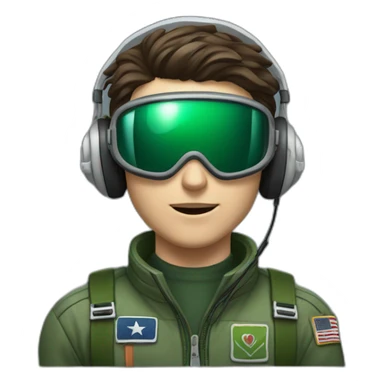 A young white male tennager with a thin face with dark brown hair and brown eyes in a pilot suit and wearing a green Pilot headset sticker