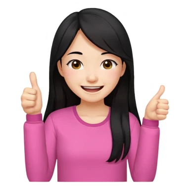 a girl genuinely feeling happy so so so much laughing so hard with her eyes folded long black hair asian girl on a pink shirt with her thumb up sticker