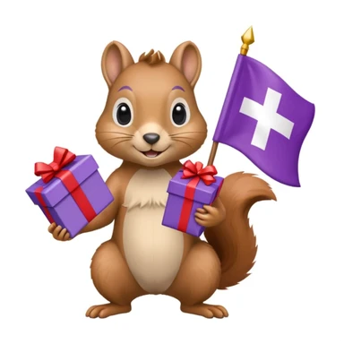 a squirrel holding a purple gift box in one hand and a Swiss flag in the other, both objects clearly visible, simple white background, the gift is a different color from the flag sticker