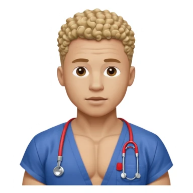 Ripped, athletic man with thick neck, high top fade with no part, curly hair only top only, no shirt and show waistline up add scrubs sticker