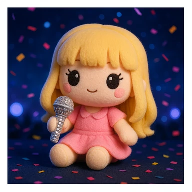 Pretty and girly Blonde pop star with bangs, holding a bedazzled microphone, reimagined as a soft kawaii plushie doll, with a nighttime concert backdrop with colorful confetti sticker