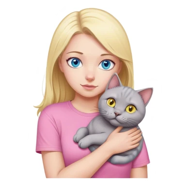 A blonde with blue eyes in a pink T-shirt hugs her big grey British cat with yellow eyes sticker