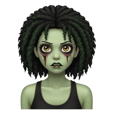 a female zombie with sage green skin, black long afro hair, eyelashes and a black tank top sticker