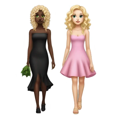 White girl with curly blonde hair (half up half down) in short free pink dress walking with green skin girl with dark fishtail styled hair and long black dress accompanied with black witches hat   sticker