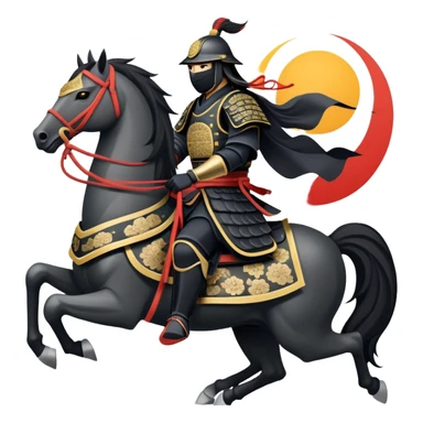 clash-of-clans-aesthetic_-cinematic-fearsome-and-majestic-samurai-bust-portrait-emoji, rendered in a flat, vector-style with minimal shading and bold, simplified shapes typical of emoji art, depicting a battle-hardened samurai with black mask and traditional black Japanese armor. The samurai is riding a noble grey warhorse adorned with an intricately designed saddle and fluttering banners and a rising sun. a samurai riding on a  horse sticker