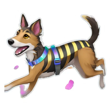  brindle brown black maroon striped lurcher Alsatian fox running blue eyes and iridescent holographic oilslick harness wearing paper iridescent tropical flower crown yellow caution tape sticker