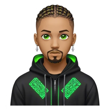 Light skinned African American male with green eyes as a cyberpunk hacker with cornrows hairstyle but short cornrows  with goatee facial hair with very small diamond stud earrings wearing a black hoodie sticker