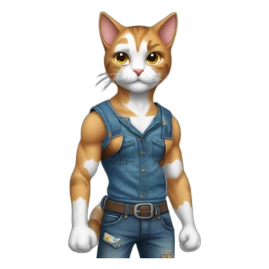 Meowscles is a muscular and humanoid calico cat in blue jeans. He has a heart with "Lynx" written inside of it tattooed on his right bicep. sticker