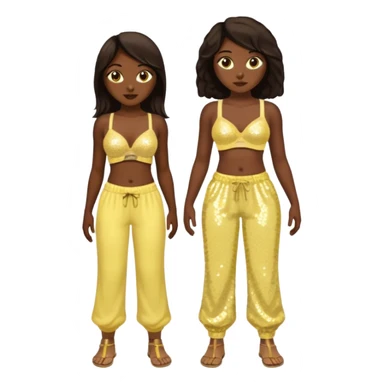 Sasha from Bratz with long dark brown hair, pale yellow bra, pale yellow sequin baggy pants, dark skin sticker