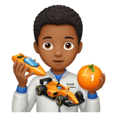 black kid playing orange colored formula 1 toy sticker