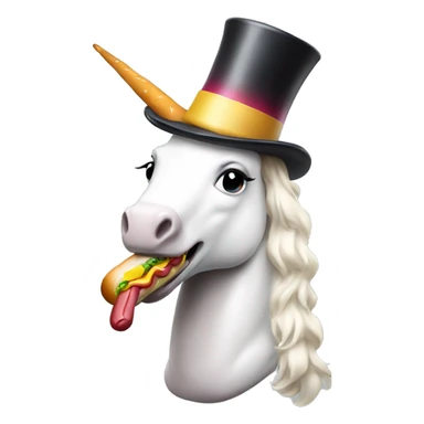 Unicorn eating a hot dog with a top hat sticker