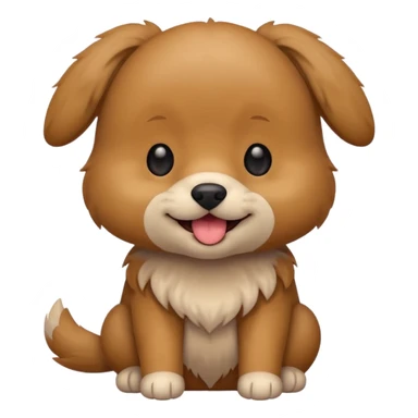 Cute small brown fluffy dog emoji icon. Round face, short muzzle, light brown fur with slightly darker ears, small black nose, happy smiling expression with tongue out. Soft friendly eyes, sitting pose with front paws together. Simple clean vector style, minimal details, kawaii style. sticker