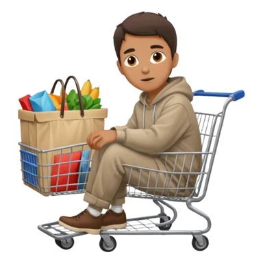 A man in oversized second-hand clothes, sitting beside a shopping cart of items, looking around with soft hopeful eyes.
 sticker