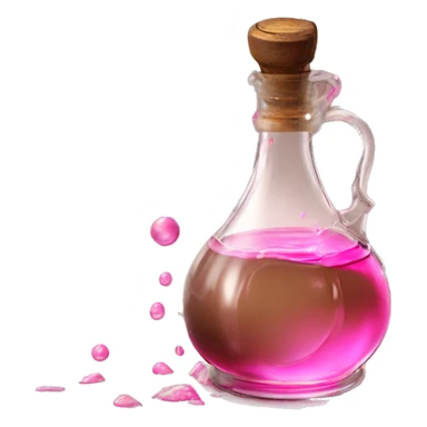 Mysterious Alchemical vintage glass potion bottle, exquisite bottle shape, old and shabby, with label, stylish and minimalistic, brown and pink, oil potion is poured out of the bottle, oil is spilled next to it sticker