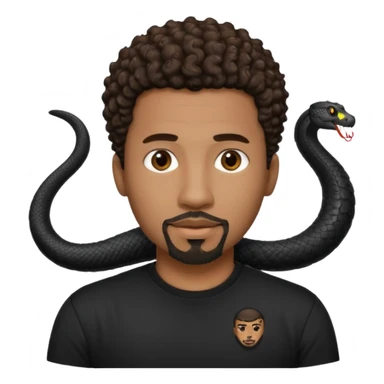 Homme noir, yeux marron avec un bouc menton, cheveux court et bouclé crépus avec un dégradé sur le côté, avec un cobra à côté , t-shirt noir  sticker