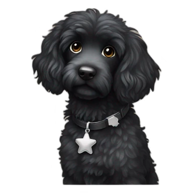 fully black aussie doodle with a silver star-shaped tag on its collar sticker
