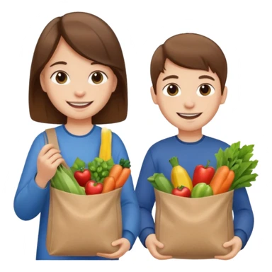 caucasian kids putting groceries in bags smiling brown hair sticker