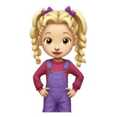 A little blonde girl with pigtails and little purple bows wearing a red long sleeved shirt and purple overalls, full body, rugrats sticker