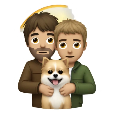 noel and liam gallagher hugging a pomeranian dog, noel is on the left and liam on the right sticker