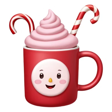 hot chocolate with pastel pink marshmallows in red christmas mug with stars and candy cane, trendy aesthetic sticker