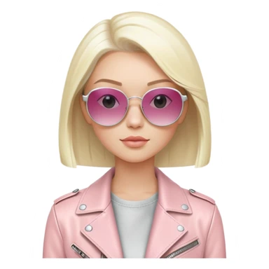  girl with platinum blonde hair in a sleek bob, wearing a luxury pastel pink leather jacket and designer sunglasses, set against a soft, elegant backdrop sticker