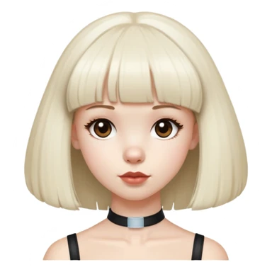 Girl with pale skin and waist length straight dark-brown hair with bangs, with dark brown eyes and round full lips. She is wearing a white tube top.She has a big standard poodle who is light blonde color. He doesn’t have a poodle haircut just natural hair and flat ears sticker
