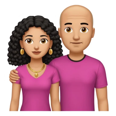 A picture if a couple. the man is a Mexican man with tanned skin, black hair, a bald hair cut, short boxed beard, and with a black t-shirt on. the woman is mixed with black and white, with brown curly long hair, gold earrings, a gold necklace and a pink shirt on and big boobs sticker