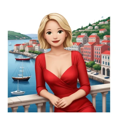 jennifer lawrence, red dress leaning on a balcony with a harbor and cityscape in the background, smiling, closeup sticker