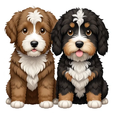 2 dogs: one light brown Aussiedoodle, one all-black Bernedoodle with white eyebrows some white markings, no brown coloring. Both same size. sticker