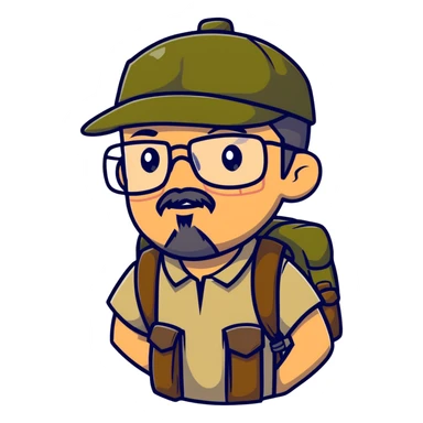 adventurer with goatee beard (no beard on cheeks), short hair, glasses, backwards military tan cap and backpack sticker