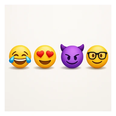make four emojis on white background with good amount of shadow, four emojis of smiley's only. one laughing, second heart eyes, third purple devil and four black glasses emojis  sticker