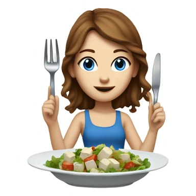 White girl with freackles Brown hair blue eyes eating Tofu salad with fork sticker