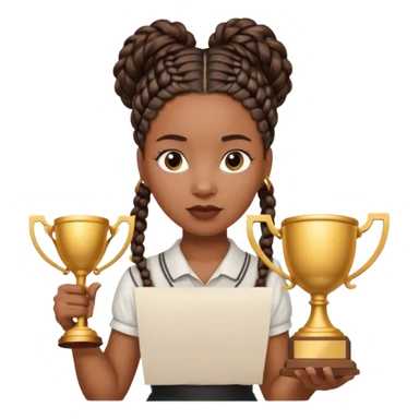 generate an emoji for this phrase, Start strong to earn trust and be noticed. End strong to be remembered. make it a black woman in braids updo looking determined with a white script in hand and a trophy sticker