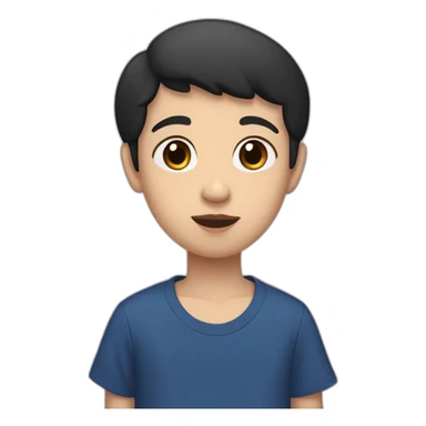 13 year old white kid with very short black hair, brown eyes, regular nose, little eyebrows with a dark blue t-shirt saying st. Francis and with pink lips sticker