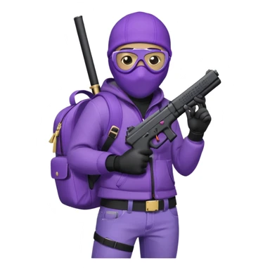 YN character wearing a ski mask, holding a Glock 10mm, dressed in purple jeans, with a Sprayground bookbag on his back sticker