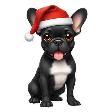 A small, black-and-tan French bulldog with a mostly black face and tan paws, wearing a classic red and white Santa hat, sitting happily with its tongue slightly out. sticker
