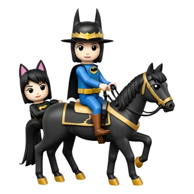  Ultra cute  Lego detailed 1854 Batman driving and pretty dark-haired Catgirl riding a horse drawn family-size Caravan alone together on a romantic trail in the woods  sticker