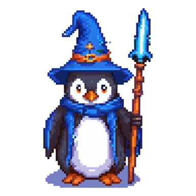 pixel art penguin wizard with a blue robe and staff sticker