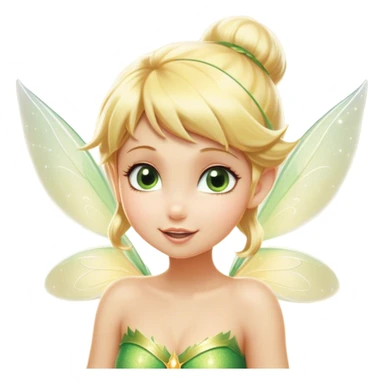 Cinematic Realistic Blonde Tinker Bell Fairy Portrait, head tilted playfully and inquisitively, showcasing a delicate pixie form with finely detailed, golden blonde hair and softly glowing, translucent wings that catch the light with a cascade of fairy dust. Her bright, curious eyes sparkle with mischief and wonder, rendered with lifelike clarity and warm, gentle lighting that captures the essence of a spirited, charming fairy ready to flutter playfully into your heart. sticker